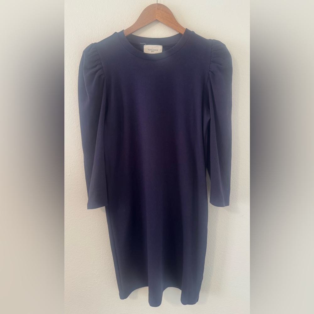 POMANDER PLACE Navy Vesty Mini T Shirt Dress Puff 3/4 Sleeves Crew Neck Small